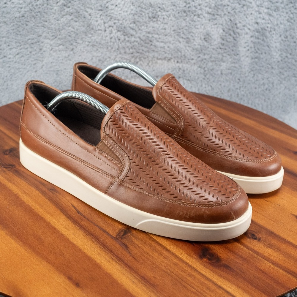 Ecco Street Lite Slip On Shoes Size 11-11.5 Round Toe Leather Brown White